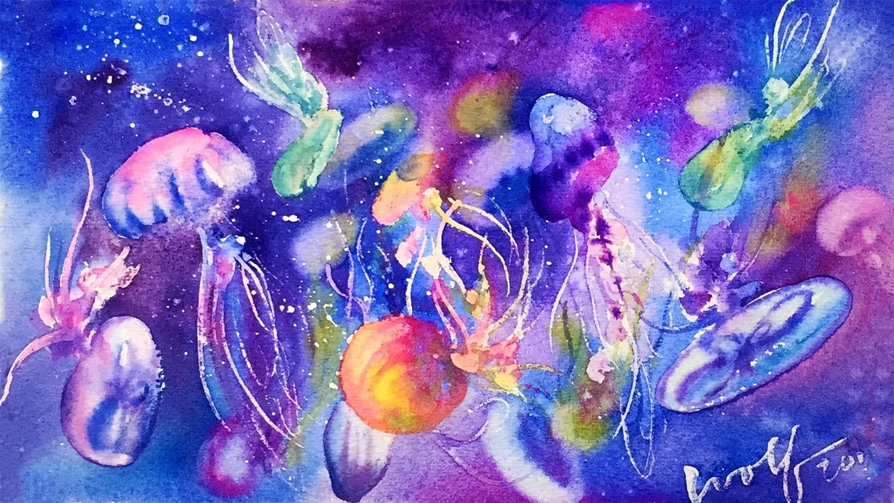 Pearlescent watercolor painting- jellyfish Waterco