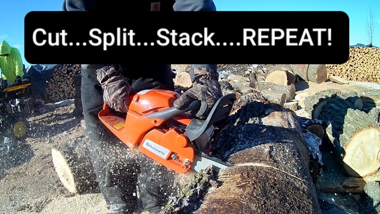 CUTTING, SPLITTING, AND STACKING FIREWOOD - YouTube