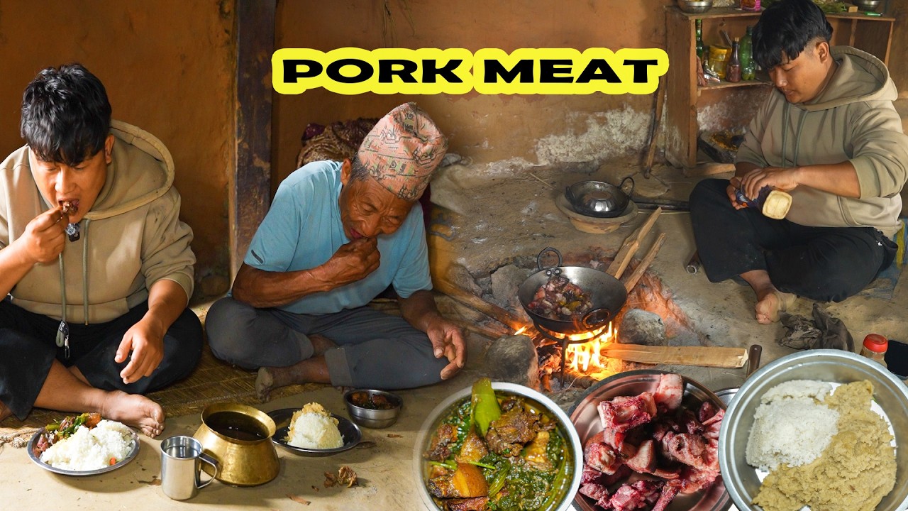 Pork meat cooking and Eating with Papa (सुङ्गुरको मासु र रायोको साग) pork Meat with Rayosag curry