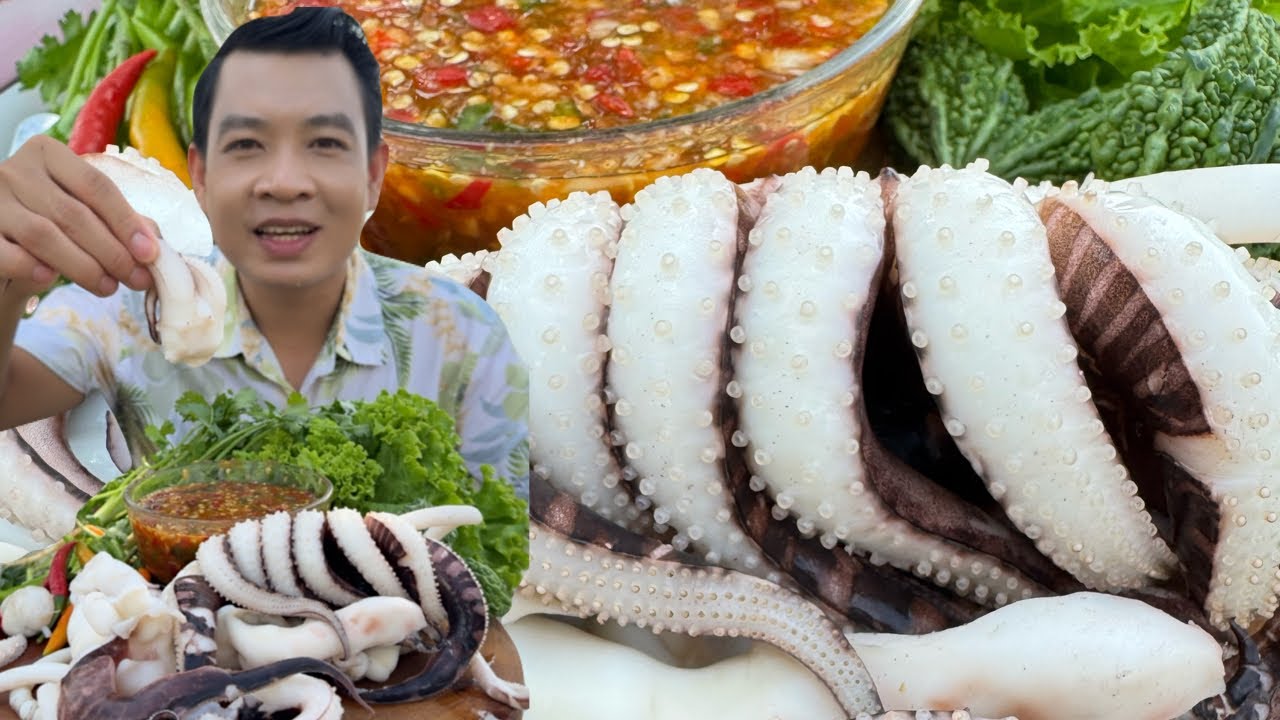 หนวดใหญ่ๆลวก น้ำจิ้มตำมือเผ็ดเปรี้ยวหวาน กรุบๆผักกรอบๆ แซ่บๆ