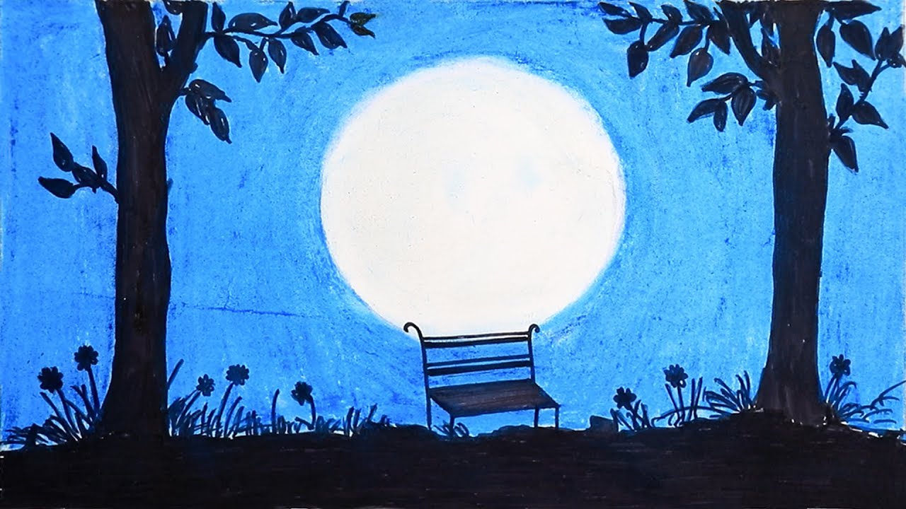  How to draw  scenery  of moonlight  with oil  pastel  step by 