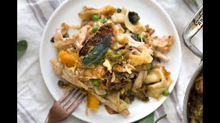 ... moist, flavorful turkey breast paired with roasted butternut
squash, onions caramelized brandy, pasta, peas in a s...