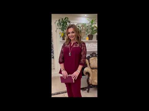 Гарний жіночий ошатний костюм: блуза-туніка зі вставками сітки з брюками, батал великі розміри, відео 1