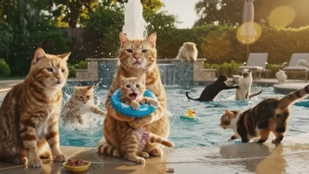 CAT CHAOS AT THE POOL