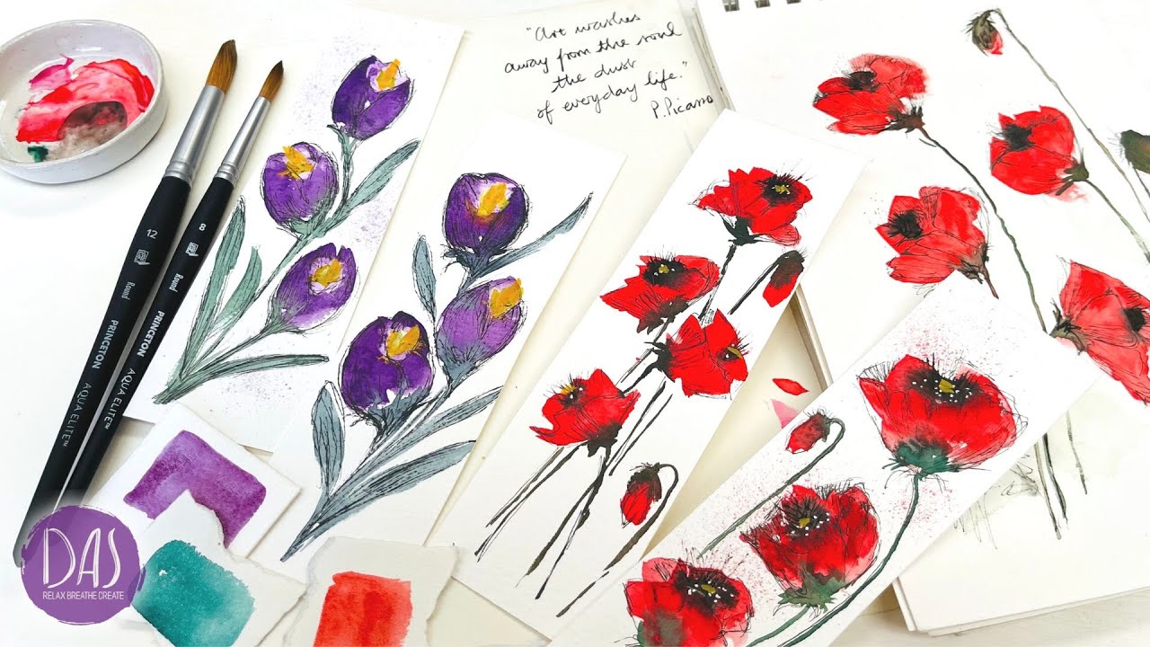 Let’s Create some Ink & Wash Floral Bookmarks - How to Paint Crocus and ...