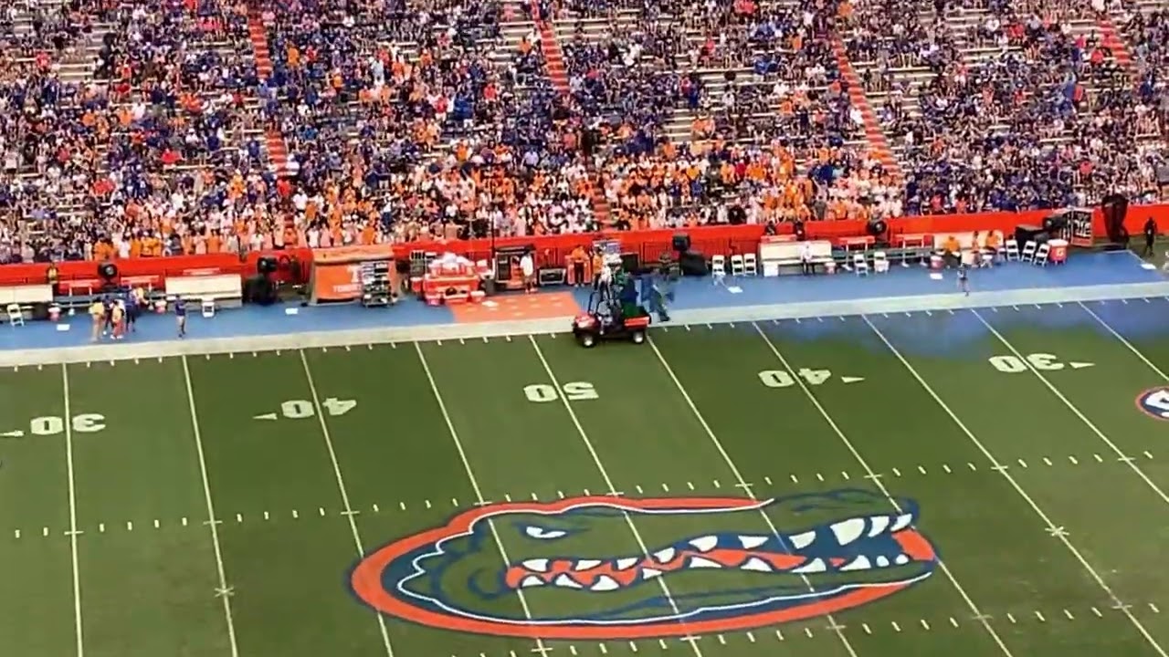 2021 Sept Florida Gators Football Albert and Alberta take the Field in a John Deere Gators