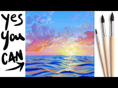 SUNSET WAVES OCEAN  Beginners Learn to paint Acrylic Tutorial Step by Step Day 14  #AcrylicApril2021