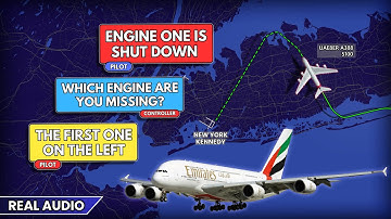 One engine is shut down. Emirates Airbus A380 lands at JFK Airport with one failed engine. Real ATC
