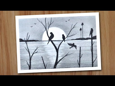 Sunset scenery drawing in pencil for beginners step by step Pencil drawing for beginners