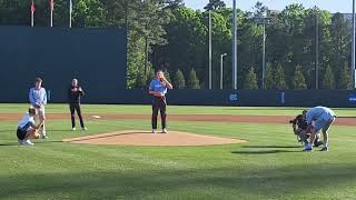 UNC basketball star Alyssa Ustby throws out the ceremonial first pitch Tuesday #UNC