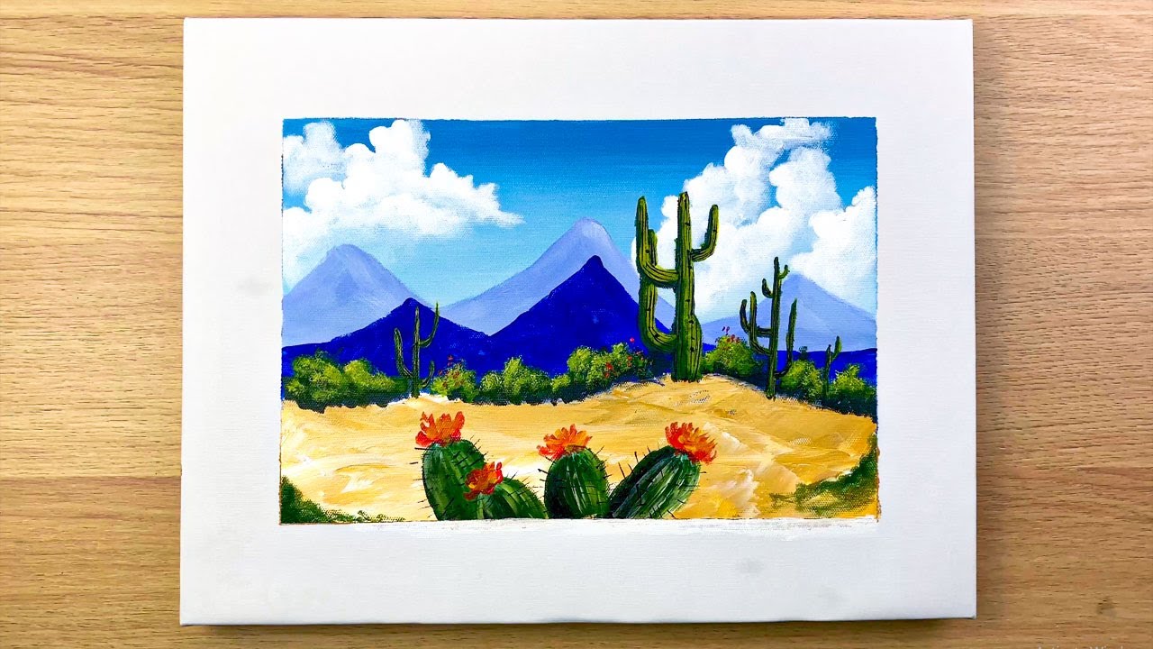 Purple Sunset And Desert Cactus Landscape Painting Easy Painting