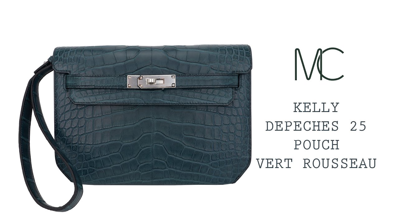 Hermes Kelly Depeches 25 Pouch Vert Rousseau Matte Alligator Palladium  Hardware • MIGHTYCHIC • 