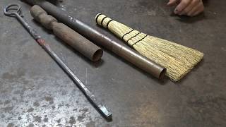Fireplace broom with forged handle and hand tied broom - blacksmithing project