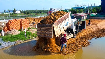 Nice Work.Landfill Delete Pond Flooded Area !! Bulldozer Komatsu D31P Push , Truck Unloading Stone