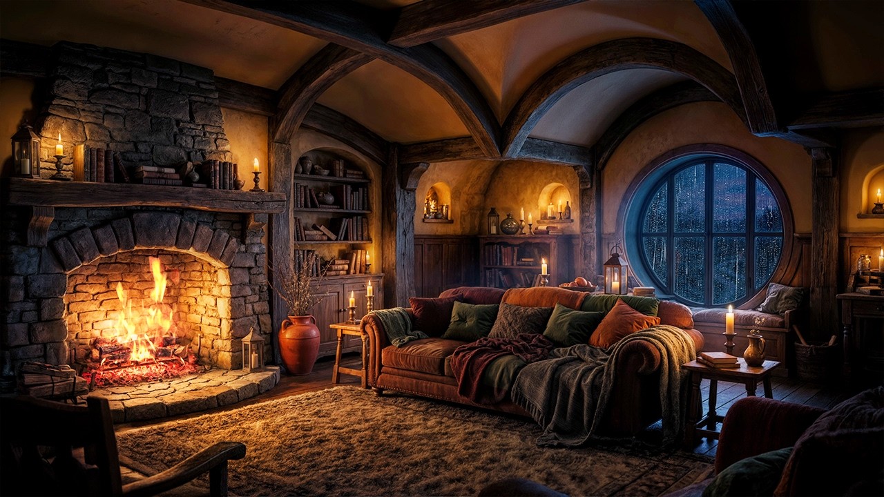 Hobbit Living Room at Night – Rain, Lightning & Fireplace Ambience (10 Hours, 4K)