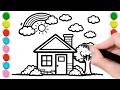 Drawing House | How To Draw House With Sun | Cloud and Raindow For Kids !