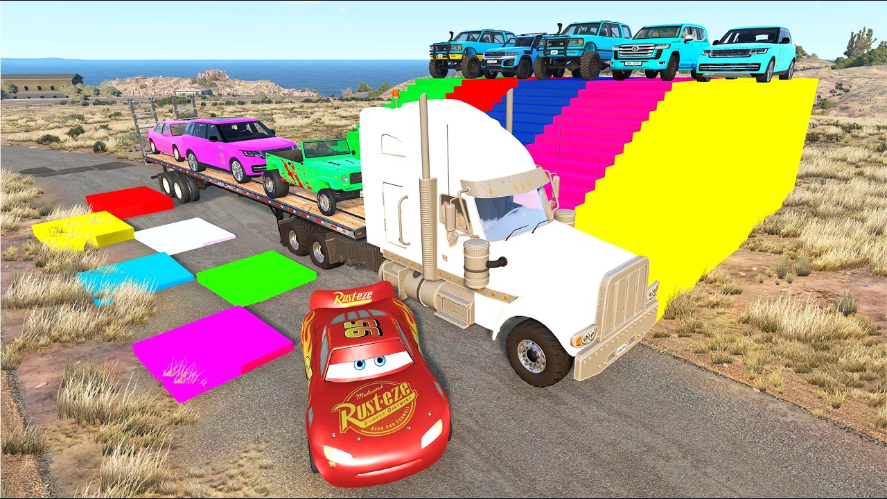 Flatbed Trailer McQueen Transportation with Truck - Speedbumps vs Cars vs Train - BeamNG.Drive