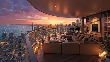 4K Chill Sunset Cityscape 🌆 Luxury Apartment Balcony with Jazz Music & Ocean View for Calm