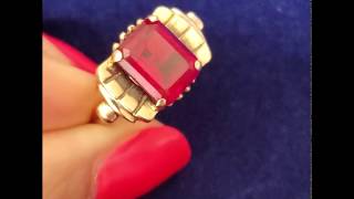 1940s Retro Era 4.9ct Lab Created Ruby 10k Yellow Gold Dinner Ring Vintage Gift