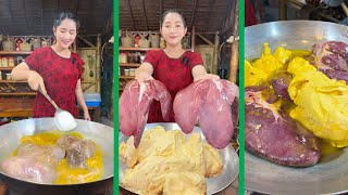 Beautiful Chef Sros cook pig liver butter braised, green mustard and eat - Cooking with sros