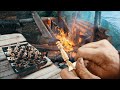 Whittling a Chess Set Fireside on a Rainy Day ASMR (natural sounds)  - Bushcraft Build