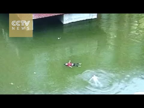 Footage: Children saved from pond after struggling for two minutes in water