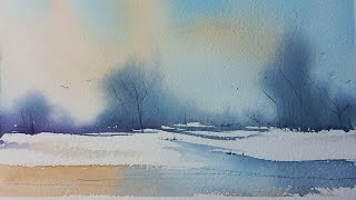 Winter watercolor landscape. So easy, it almost paints Itself!