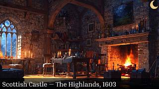 Scottish Castle Ambience — Crackling Fire, Howling Wind &amp; Rain on Stone | 8 Hours