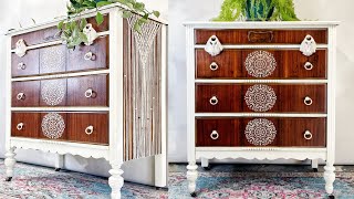 Stenciled and Painted Macrame Dresser/ Bohemian furniture