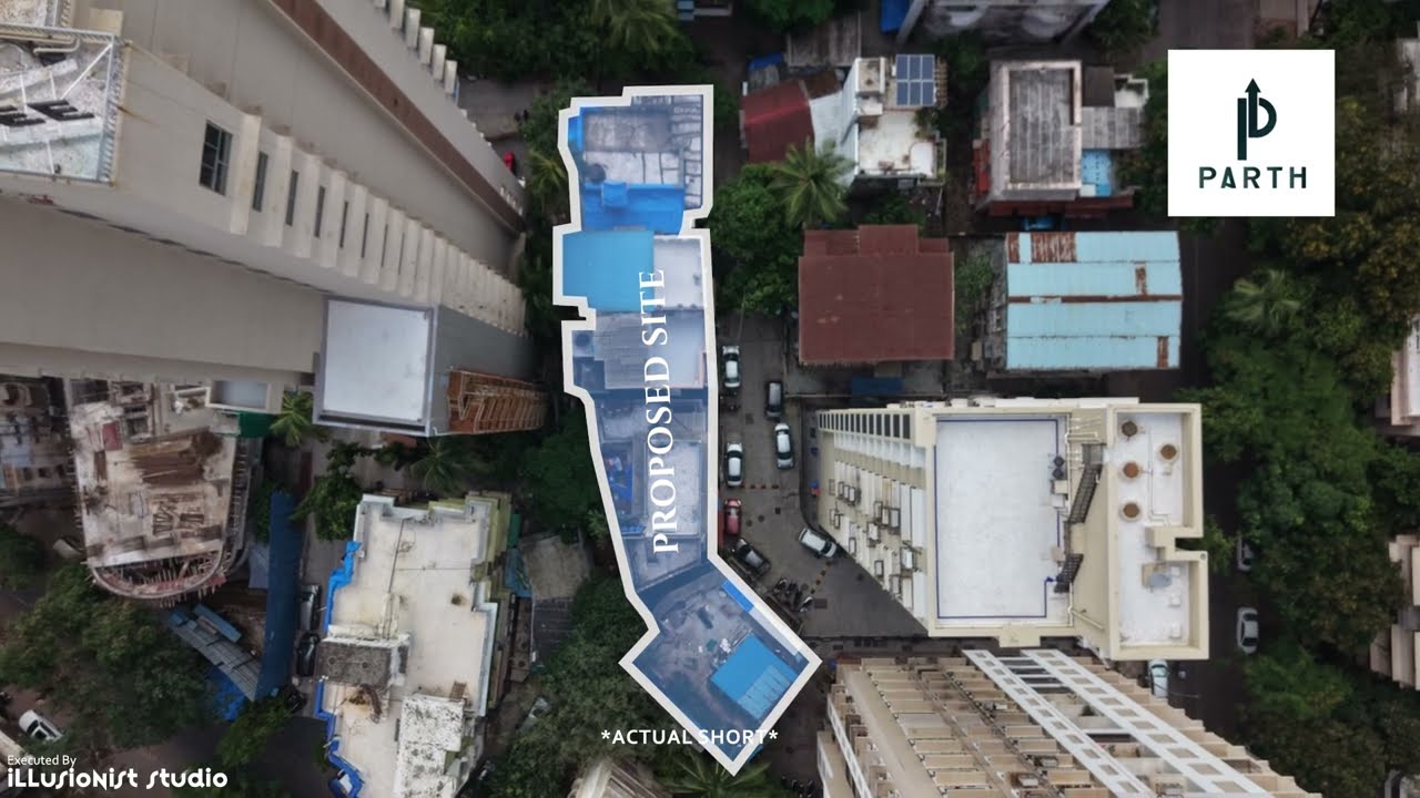 Aerial drone view of a proposed real estate site highlighted between surrounding buildings, with Parth branding and Illusionist Studio credit.