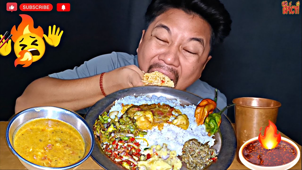 EATING SHOW : MUKBANG WITH FISH Curry, ALO PITIKA , LOCAL RICE , FISH SATNI , KING CHILLI🔥 #mukbang 