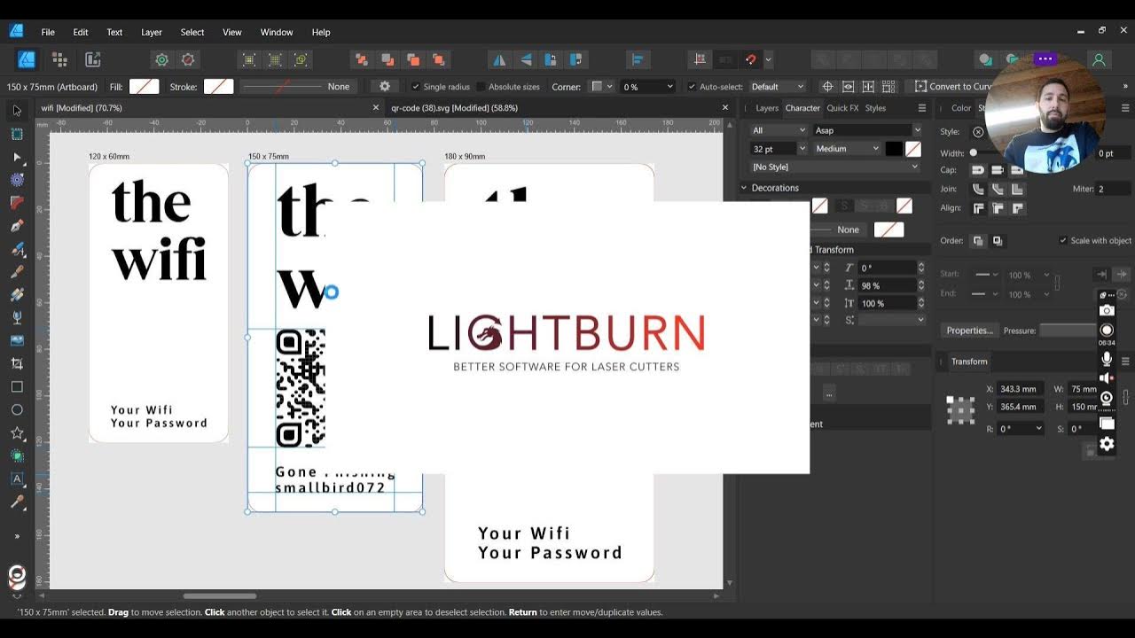 WiFi QR Codes SVG Export from Affinity Designer to LightBurn Walkthrough for 80W CO2 Laser