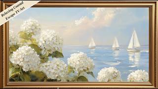 Calming Coastal Hydrangeas & Sailboats | 2 Hour Relaxing Decor | 4K Frame TV Art Ocean View screenshot 4