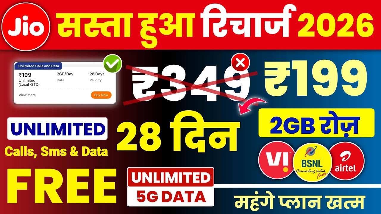 Jio Airtel Vi BSNL: дешевый тарифный план пополнения счета за 199 рупий, 28 дней бесплатного безл...