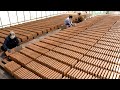 Process of making adobe house with dried mud brick. Korean mud brick mass production factory