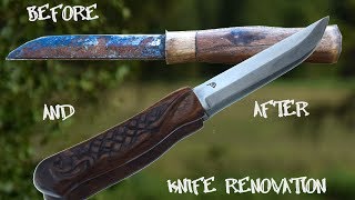 Restoration of rusty knife into shiny one with carved handle (ASMR DIY project)