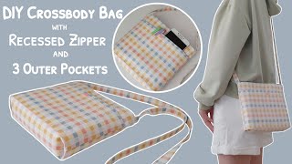 How to sew a crossbody bag with recessed zipper and 3 outer pockets | diy crossbody bag / sling bag