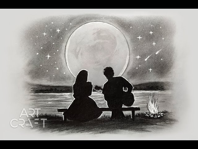 How to draw Romantic couple Scenery inside a girl's face \ Drawing Couple  in Moonlight for beginners 