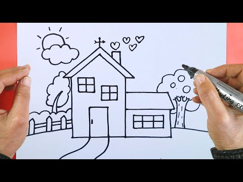رسم سهل للاطفال رسم تلوين منزل جميل مع منظر طبيعي خطوة بخطوة     