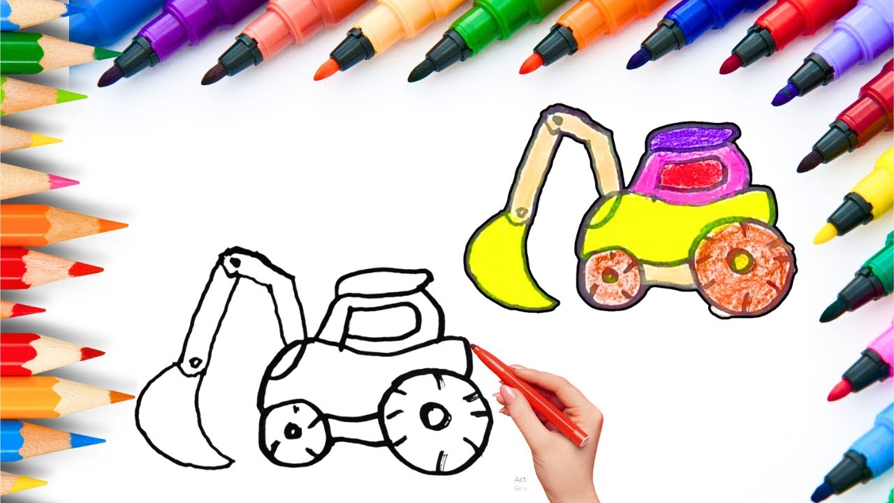 How To Draw cute Excavator Drawing, Painting & Coloring For Kids and Toddlers_🌈🎨