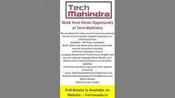 Work From Home Jobs | Tech mahindra Is Hiring For Work From Home Jobs #shorts #short #workfromhome