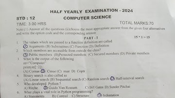 12th Computer Science||Half-yearly Exam 2024-25||Question paper with answerkey