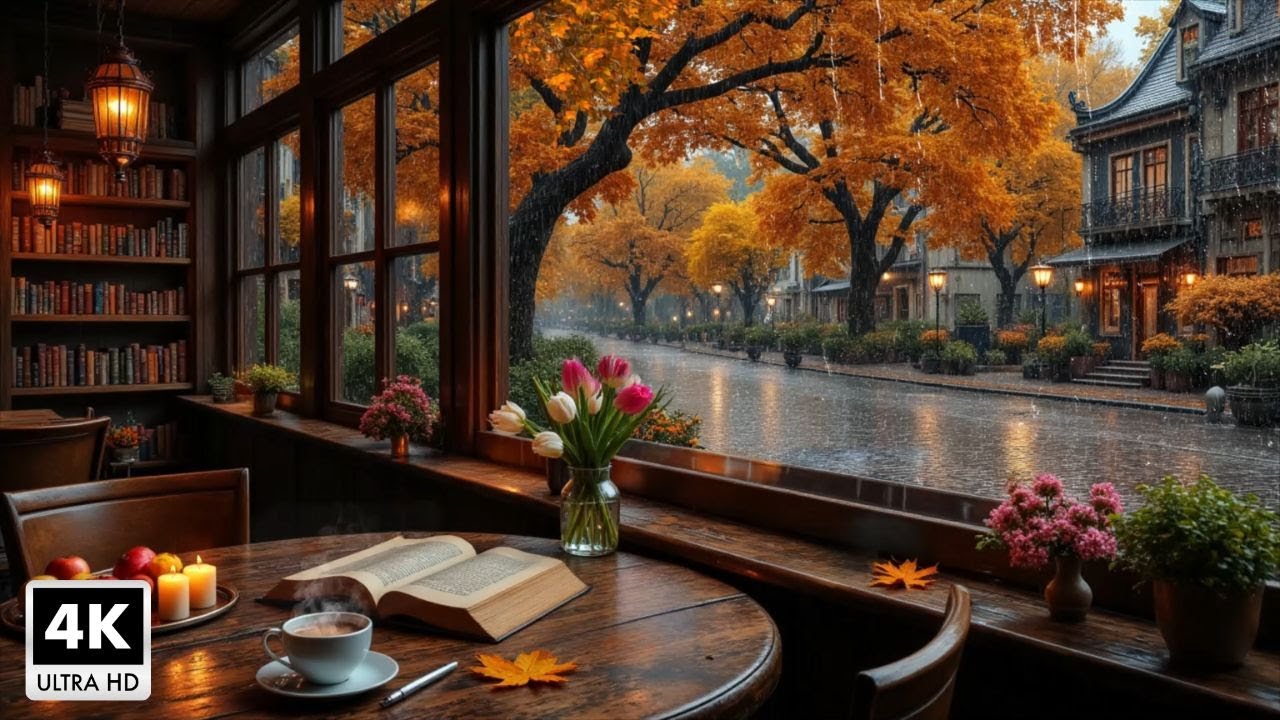 Jazz Piano Music And Beautiful Autumn Rainy Day Coffee Shop Space 🍂 ...