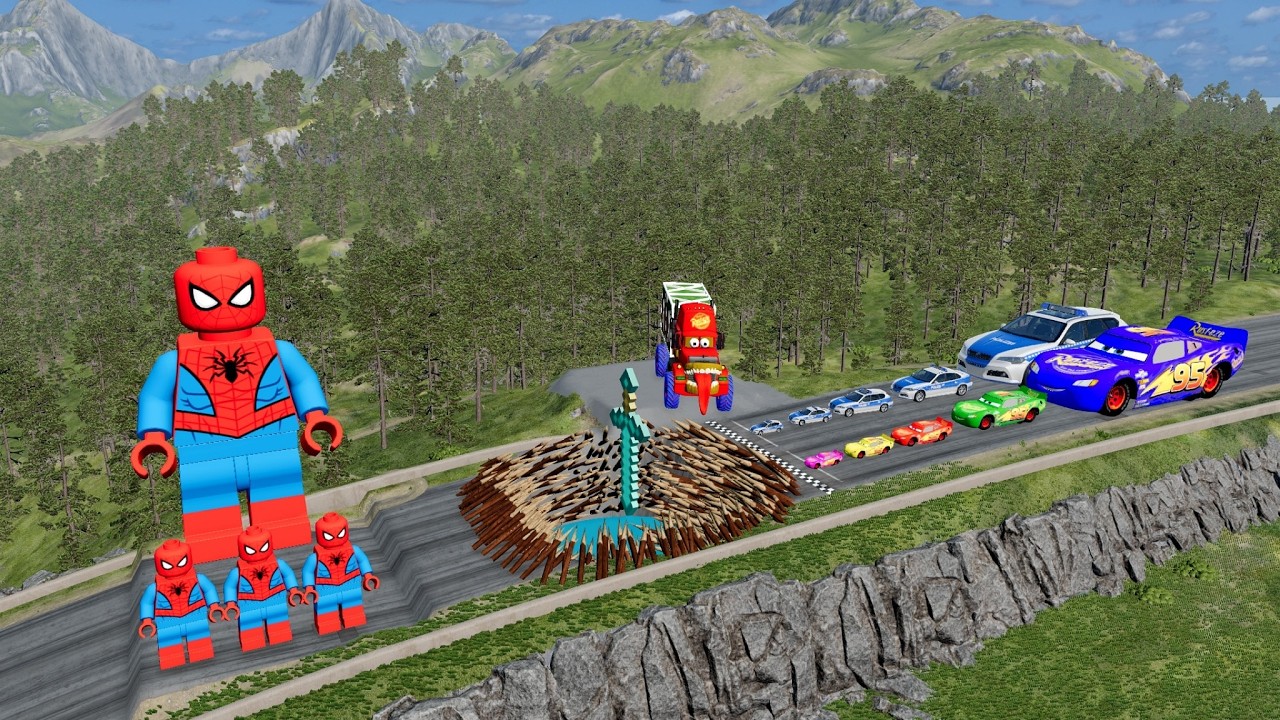 Big & Small McQueen & Police Car vs Zombie Mack, Giant Pit & Spinner & Lego Spider – BeamNG.drive