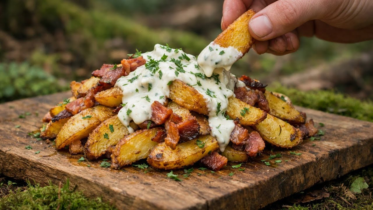 CRISPY Bacon Fried Potatoes with Herb Sauce on Campfire | Outdoor Cooking ASMR