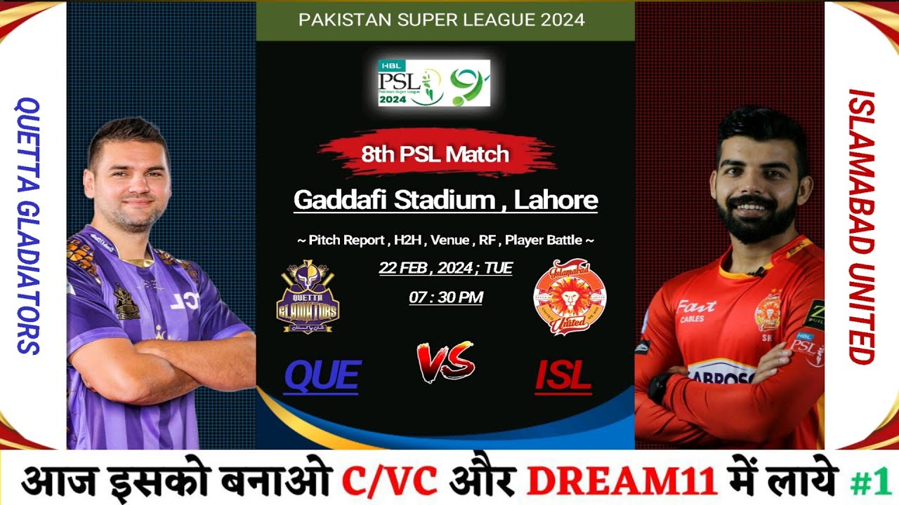 QUE vs ISL Dream11 Prediction, Quetta Gladiators vs Islamabad United Dream11 Team, PSL 2024