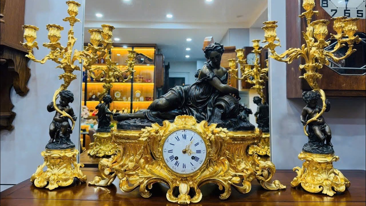 Đồng hồ Chân Nến 3 Món lăc-kê vàng cổ xịn của Pháp 1865 dt 0703307532