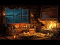 Cozy cabin ambience with soft jazz music  heavy rain fireplace sounds to relax  sleep 4k