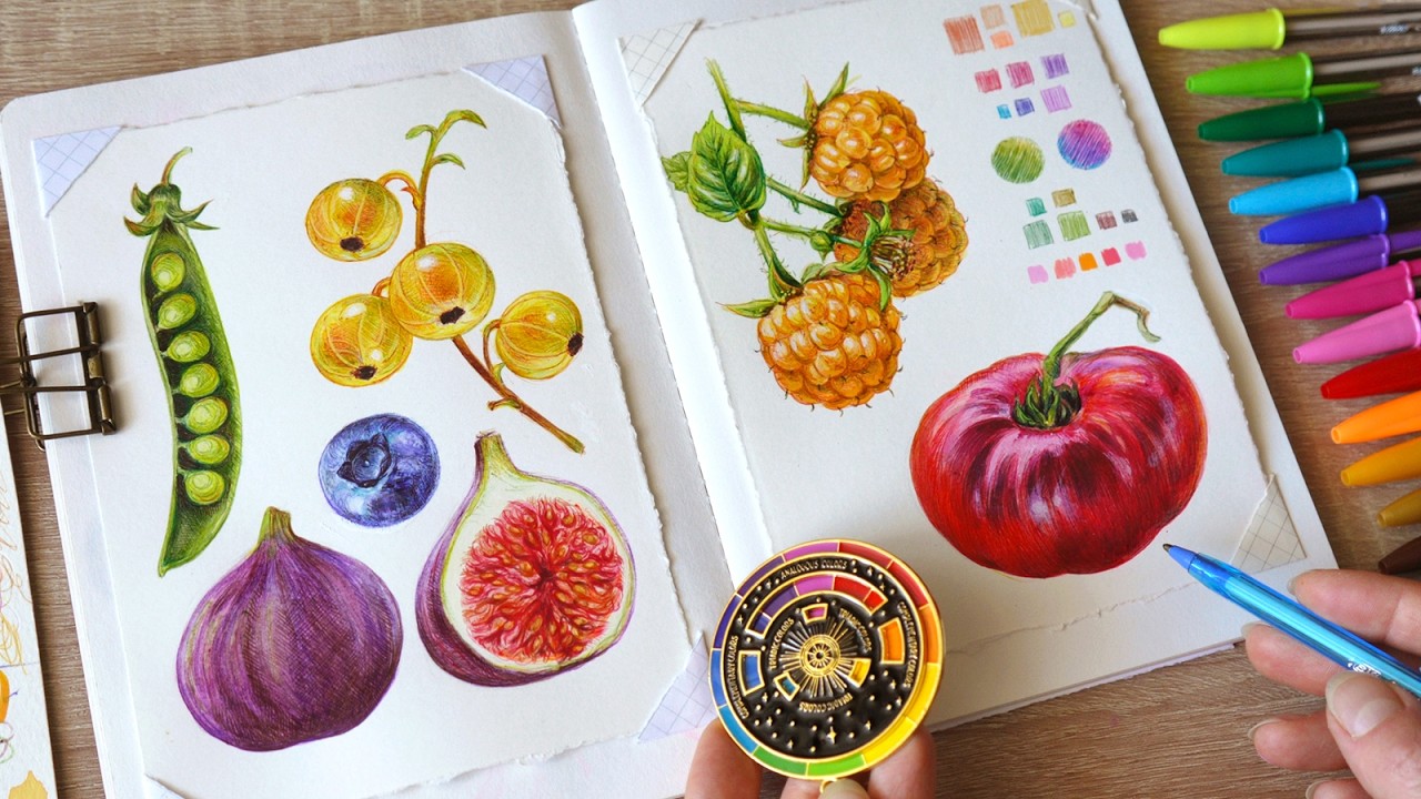 Drawing botanical food with ballpoint pens 🫐/ calm art video