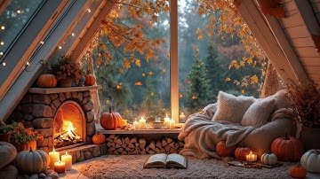 Autumn Cabin Hideaway | Crackling Fireplace, Falling Leaves & Peaceful Reading Ambience 🍁☕🔥